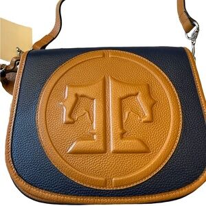 Tucker Tweed Equestrian Leather Camden Crossbody Handbag Purse Navy Chestnut NEW